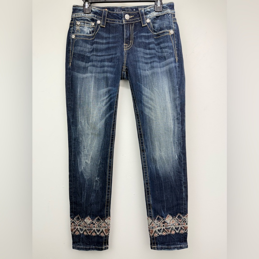 Miss Me Women's Skinny Jeans - Blue with Embellished Hem